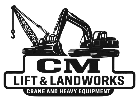 Black and white logo: Two pieces of heavy equipment above the letters "CM," with "LIFT & LANDWORKS" and "CRANE AND HEAVY EQUIPMENT" below.