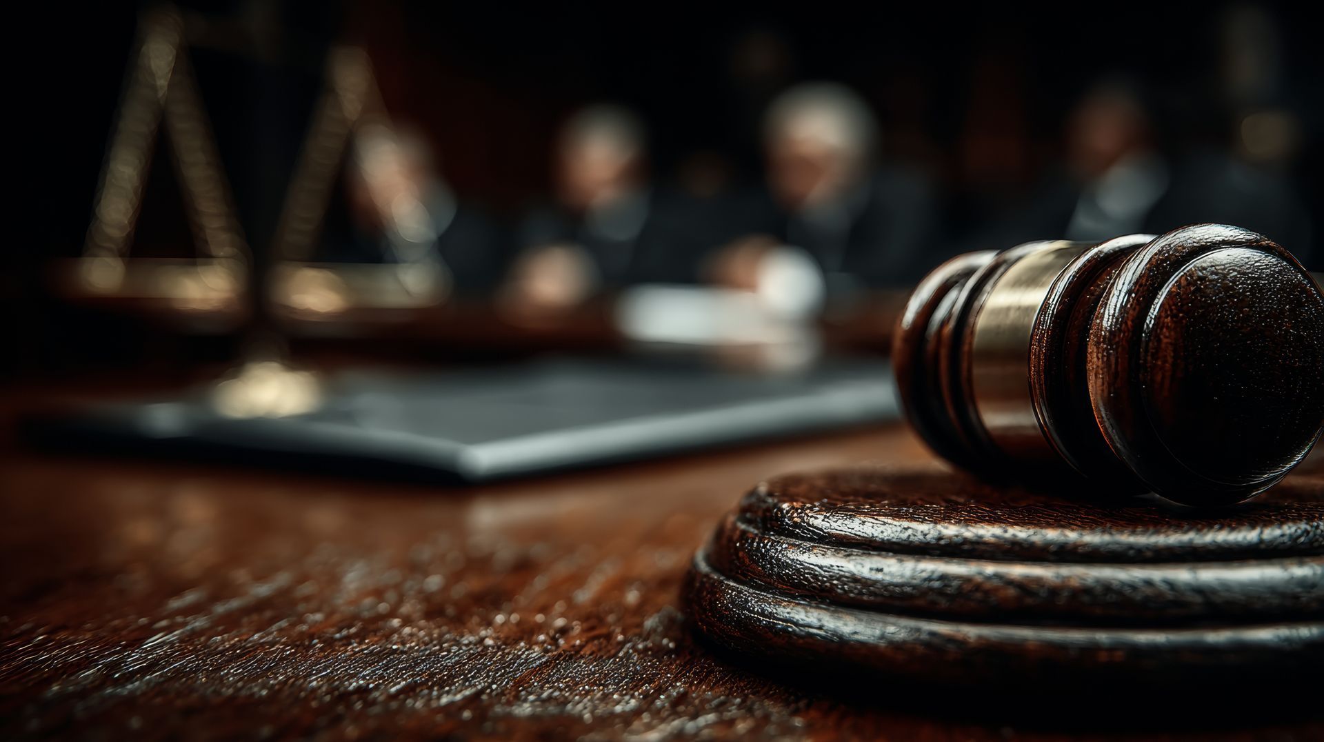 Legal services concept with judge gavel on desk and blurred attorneys in courtroom background.
