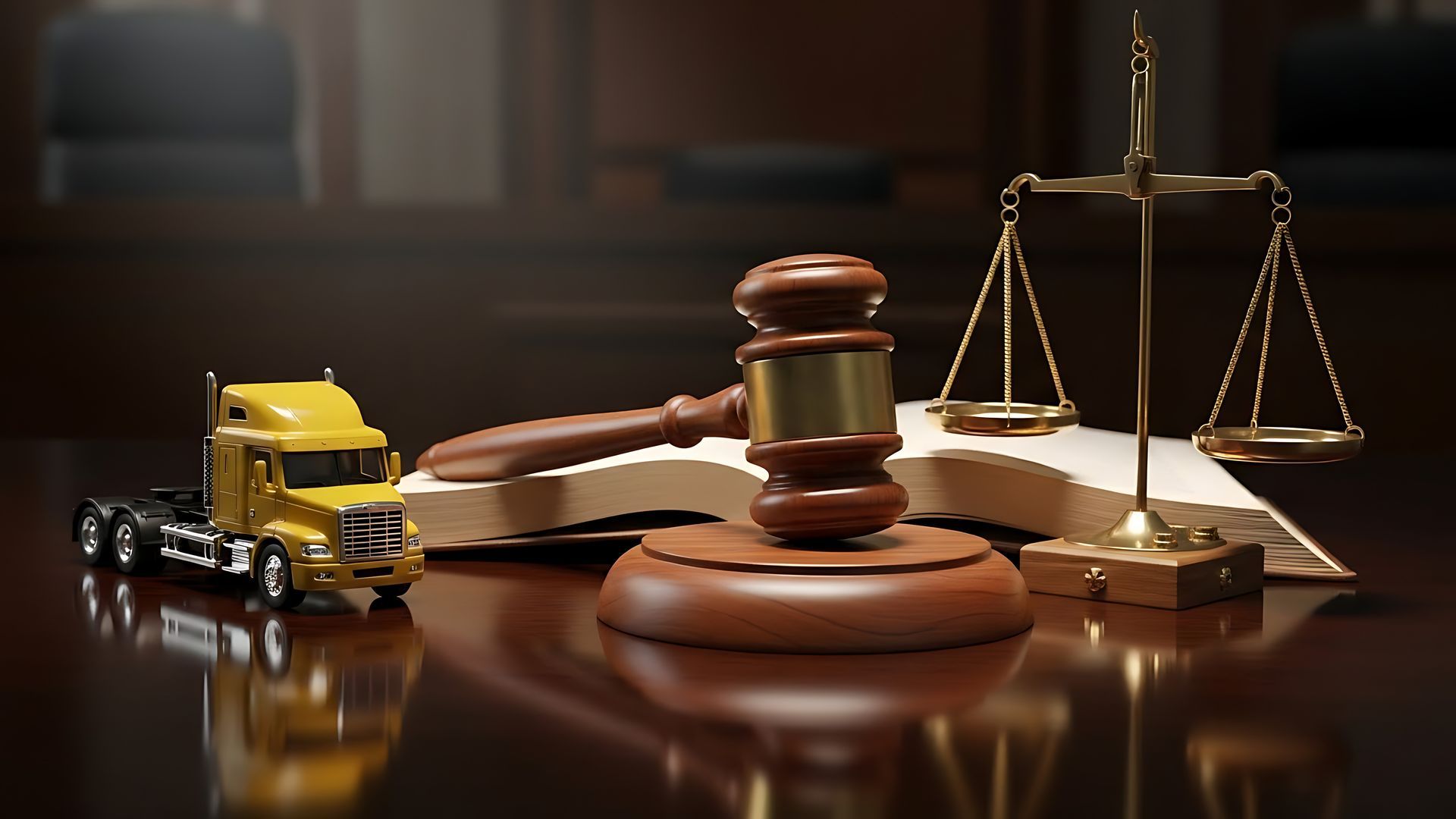 Truck accident attorney concept with gavel, scales of justice, and toy semi-truck. Truck accident attorney concept with gavel, scales of justice, and toy semi-truck.