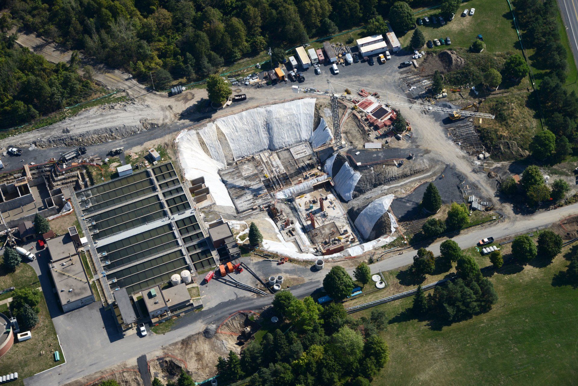 An aerial view of a large building under construction