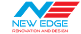 A blue and red logo for new edge renovation and design