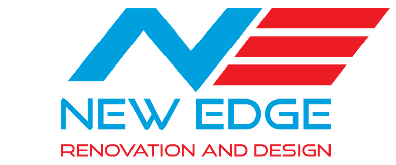 A blue and red logo for new edge renovation and design