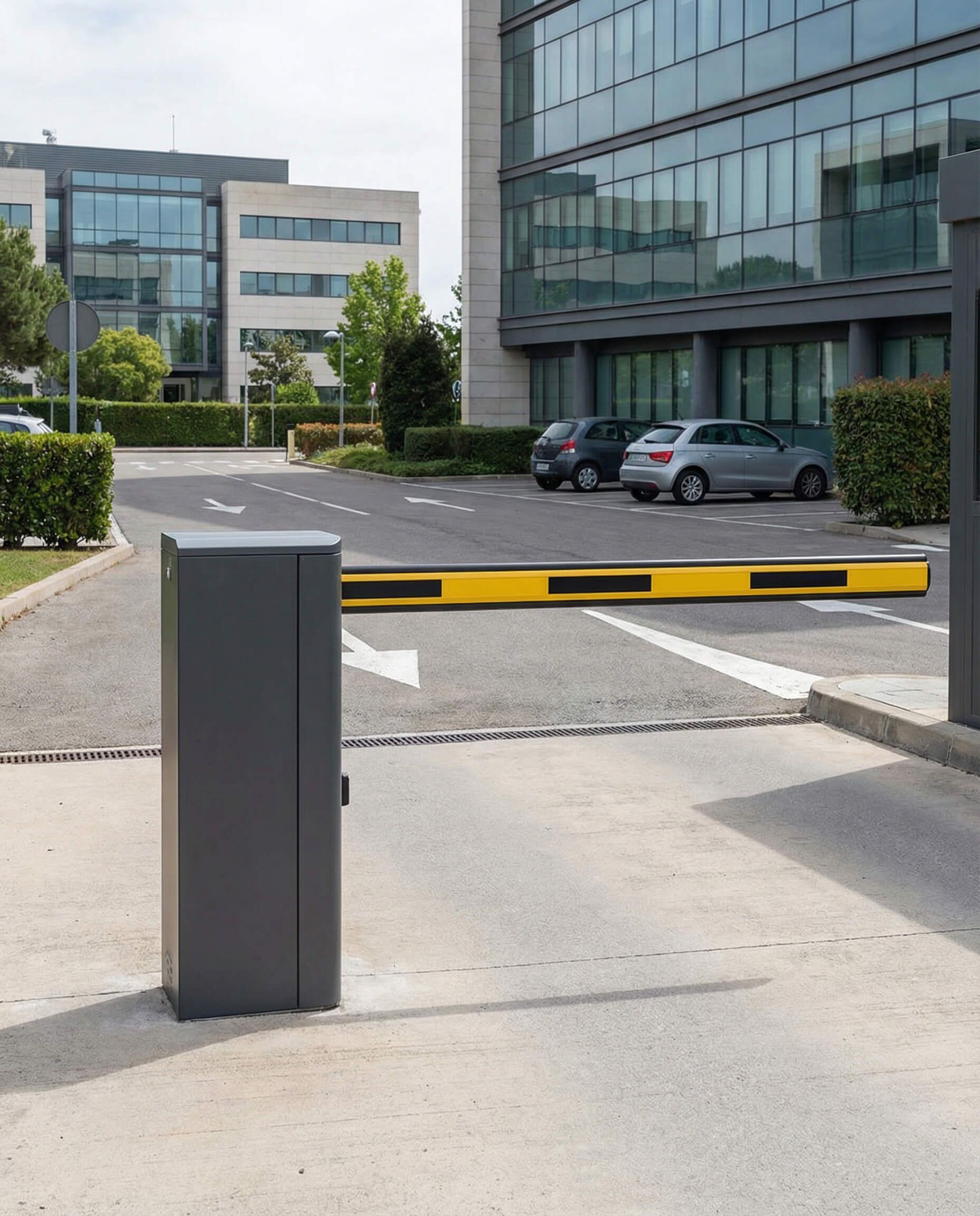 Una puerta de seguridad gris con rayas amarillas se levanta para permitir el ingreso de vehículos a un área de estacionamiento frente a un edificio de oficinas.