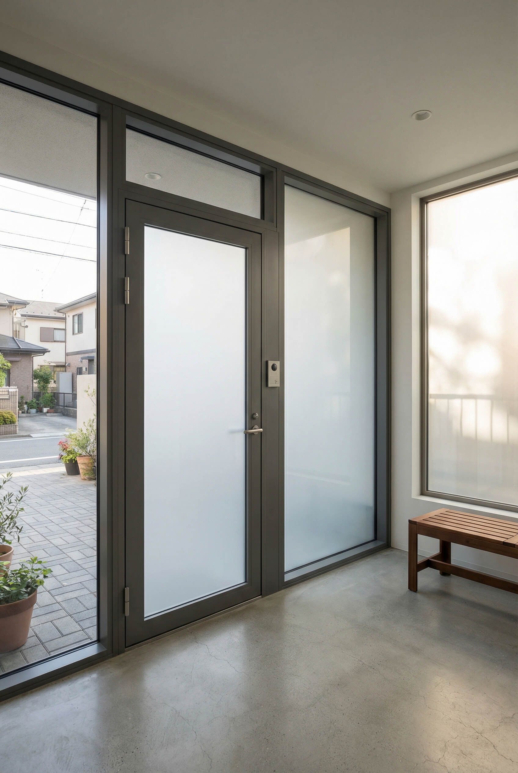 Puerta gris con vidrio esmerilado que da a un patio con adoquines de ladrillo. Hay un banco en el interior.