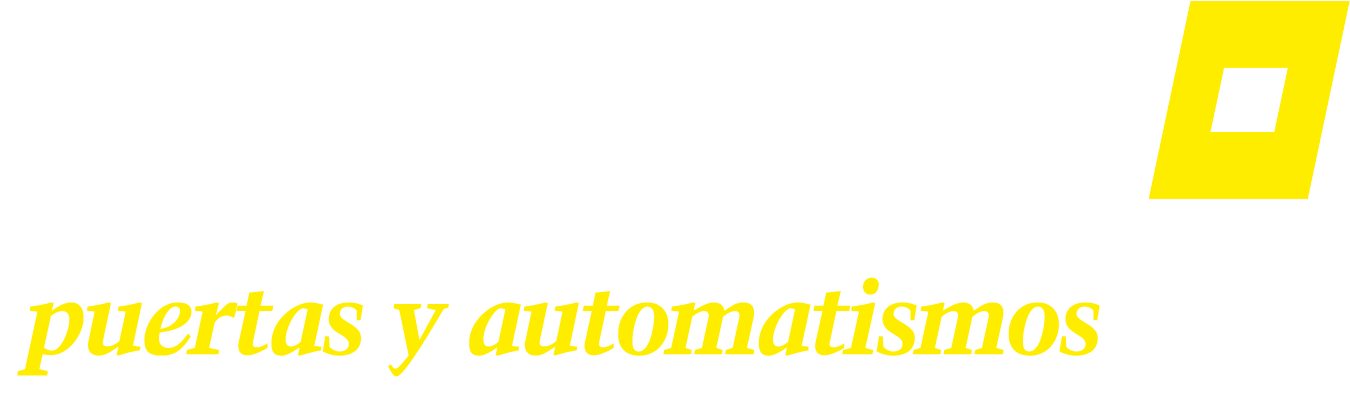 Logotipo con forma de “D” amarilla y texto “puertas y automatismos” en amarillo.