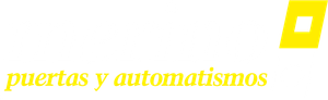 Logotipo con forma de “D” amarilla y texto “puertas y automatismos” en amarillo.