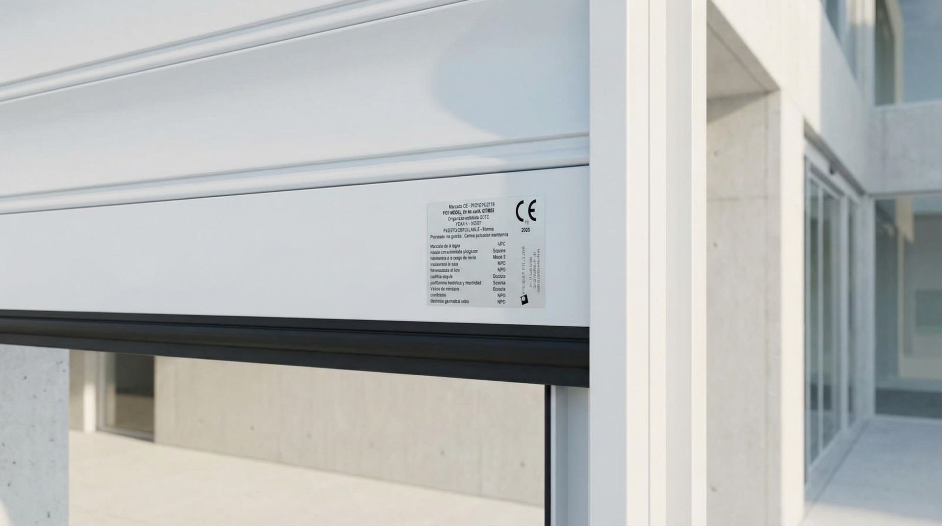 Primer plano de una persiana eléctrica blanca con borde inferior negro. Se ve una etiqueta con texto.