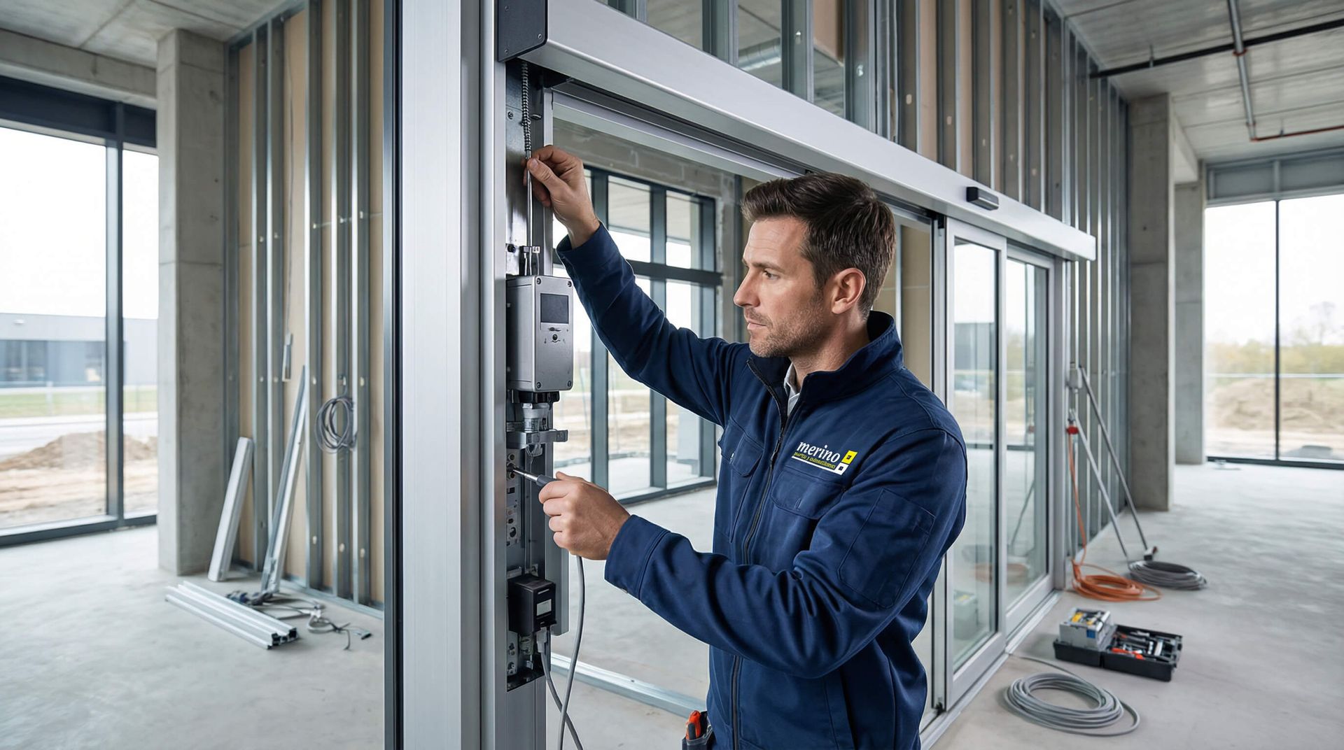 Hombre instalando un mecanismo de puerta corrediza automática en un edificio nuevo.