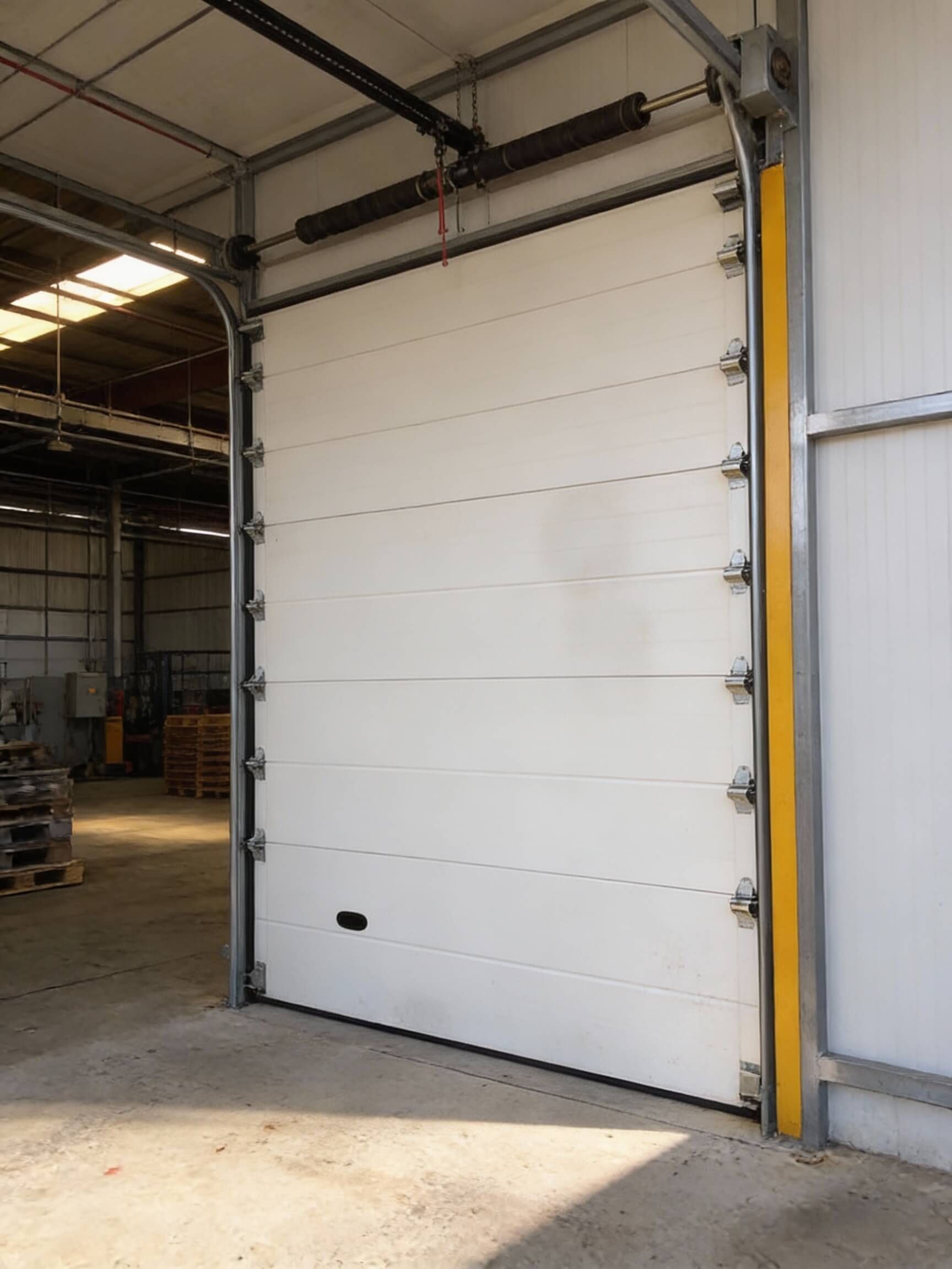 Puerta basculante industrial blanca, abierta, ubicada en un almacén. Parachoques amarillo a la derecha.