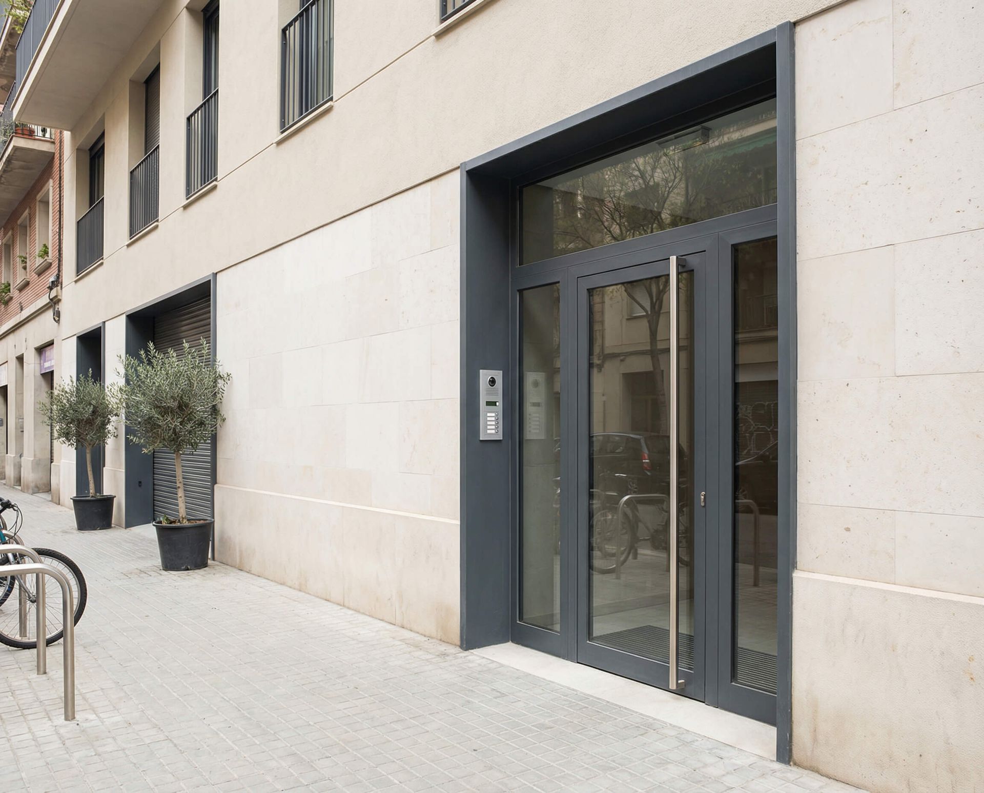Entrada del edificio con marco de puerta gris y puerta de vidrio, árboles en macetas y acera.