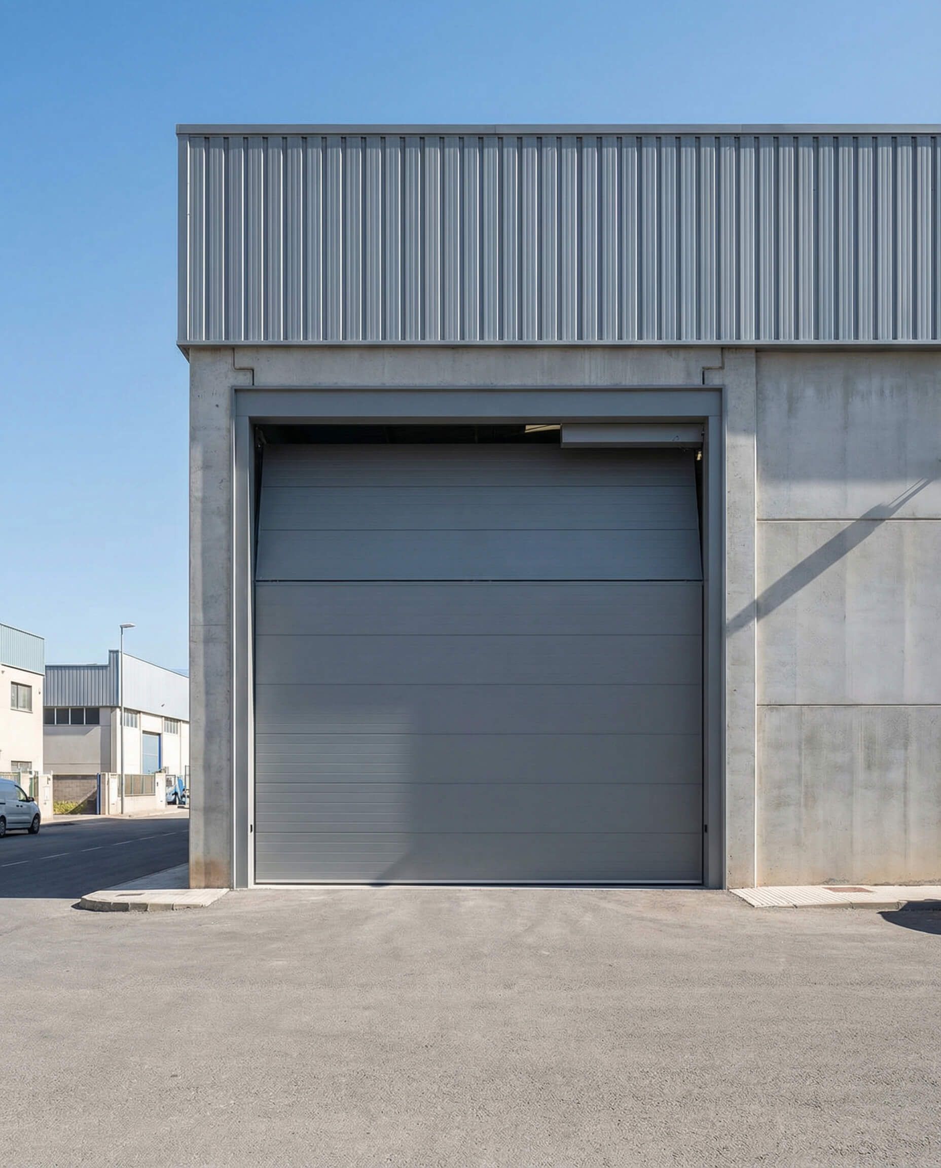 Puerta de muelle de carga industrial gris en un edificio de hormigón con metal corrugado encima, bajo un cielo azul claro.