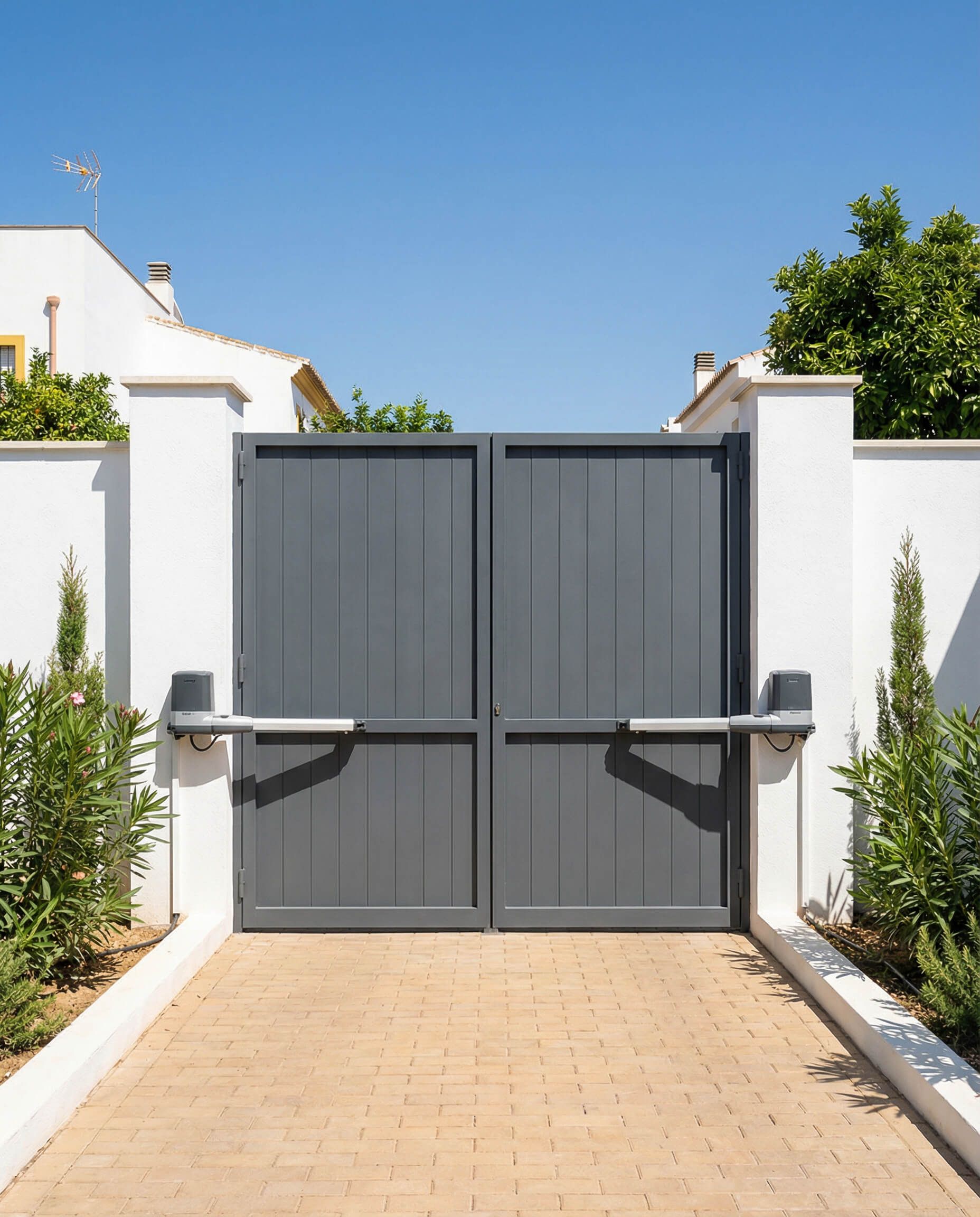 Puerta doble gris con pilares blancos, pasarela de ladrillo, cielo azul.