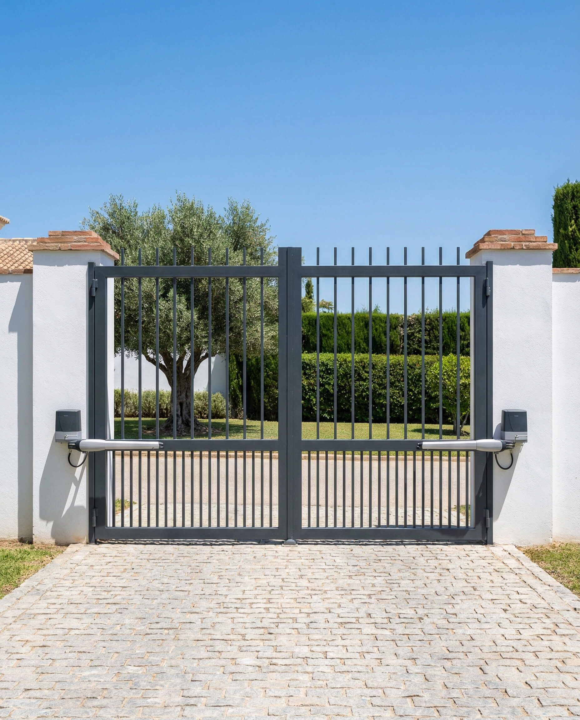 Portón doble de metal gris con rejas verticales, paredes blancas y un árbol detrás.