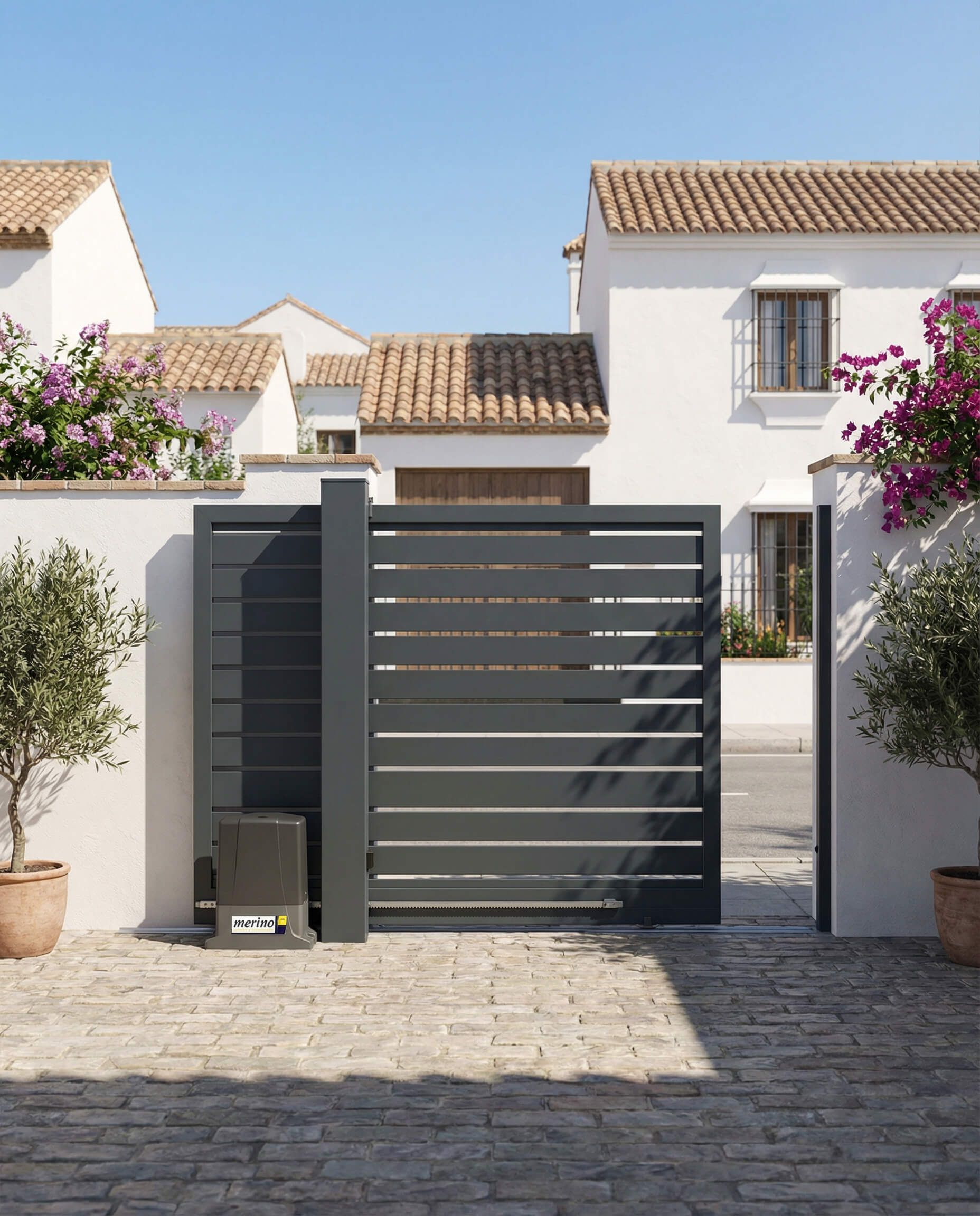 Puerta de lamas horizontales de color gris oscuro, abierta, frente a casas de estuco blanco con techos de terracota.