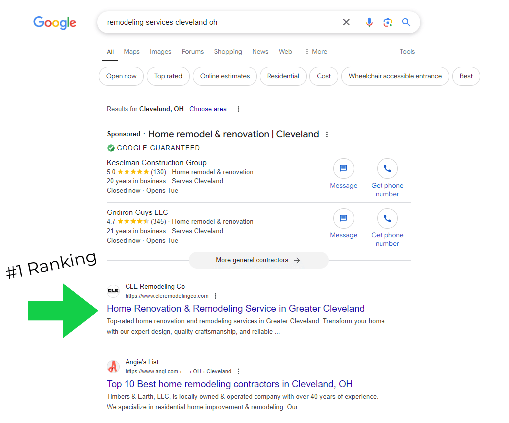 A google search page with a green arrow pointing to the top of the page.