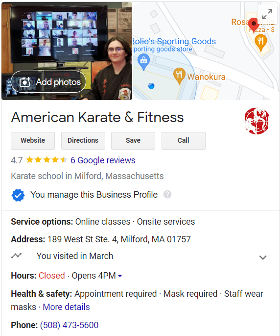 American Karate & Fitness Google Business Profile Screenshot