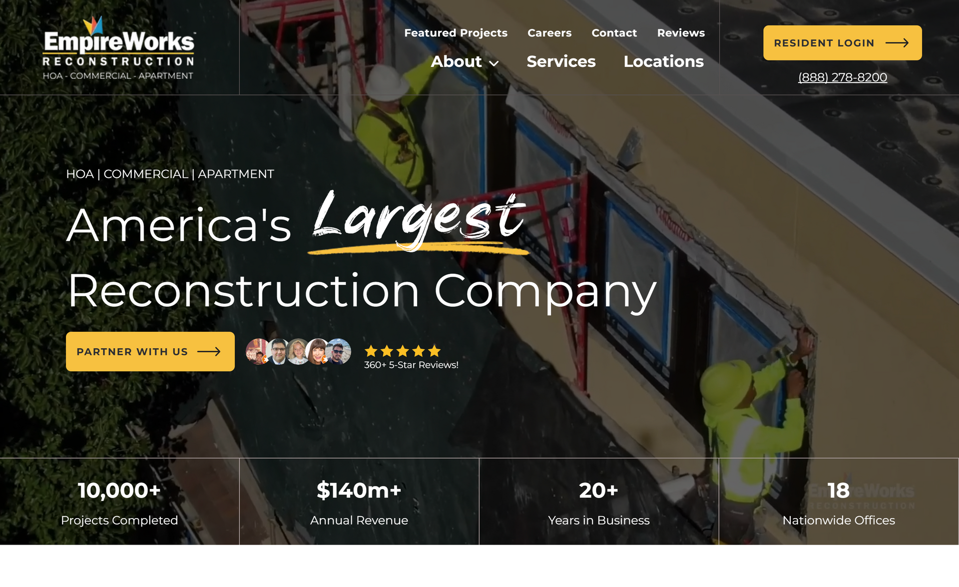 EmpireWorks Reconstruction website homepage, workers on a construction site.