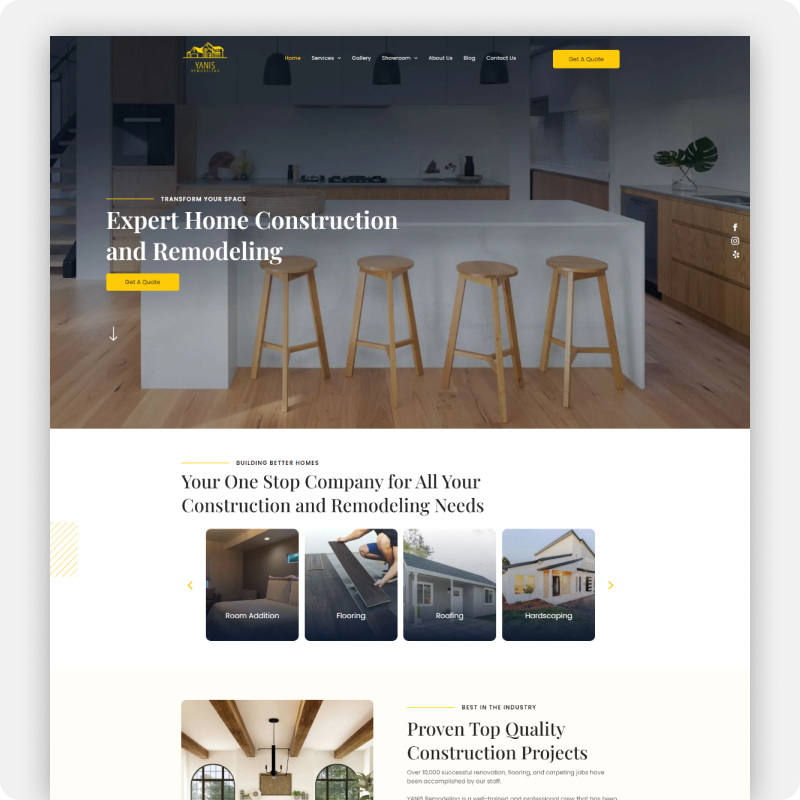 A screenshot of a website for expert home construction and remodeling
