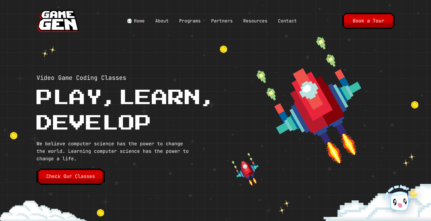 A rocket is flying through the air with the words `` play , learn , develop '' written on it.