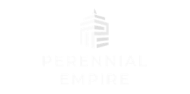 A white logo with a shadow of a building on a white background.