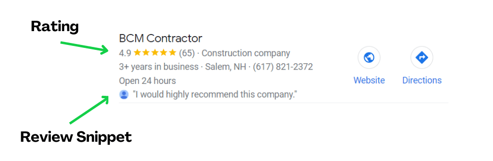 A picture of a google review snippet for a construction company.