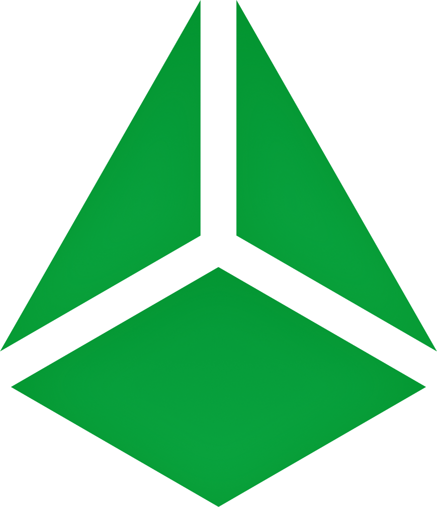 A green triangle with three white lines on a white background.