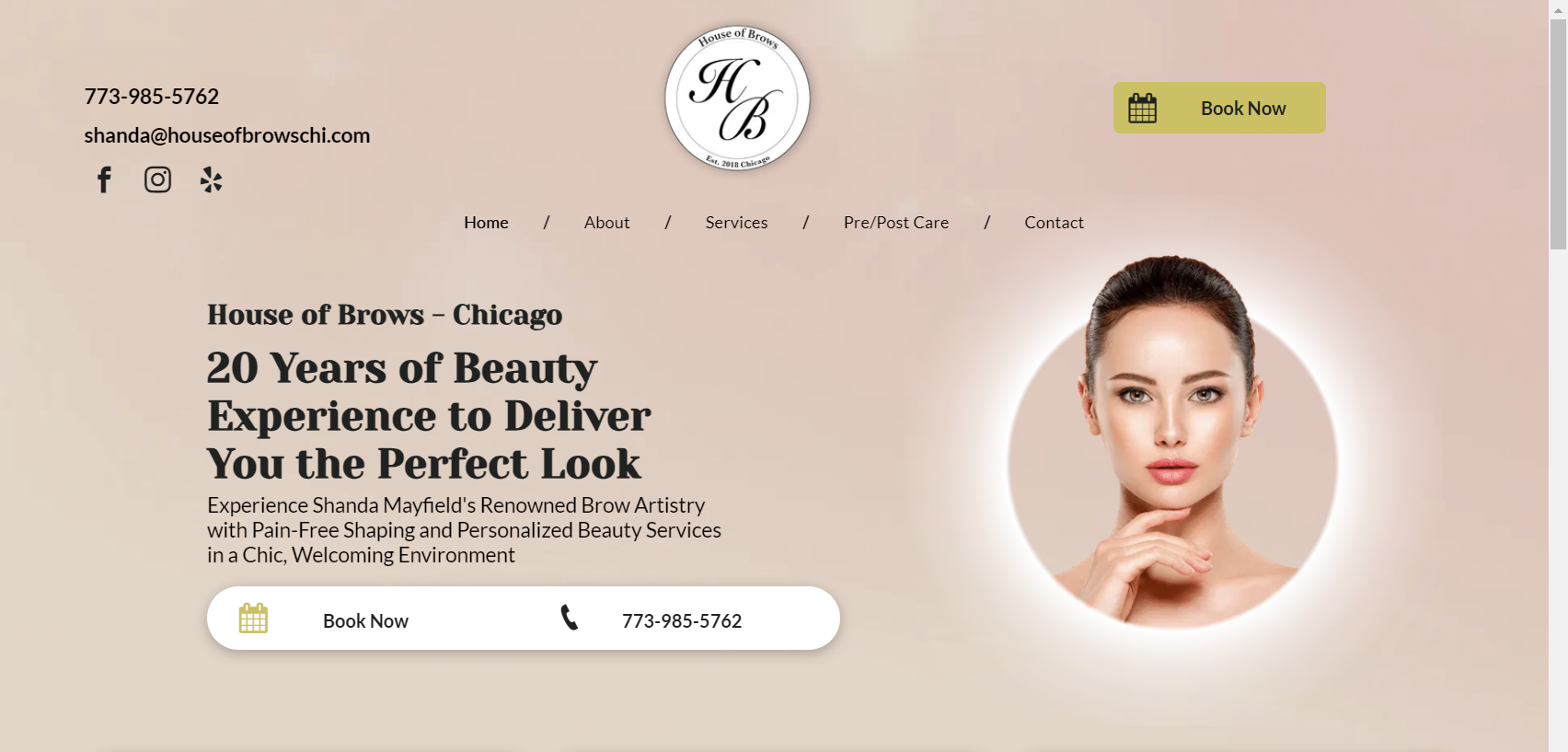 A woman 's face is on a website that says 20 years of beauty experience to deliver you the perfect look