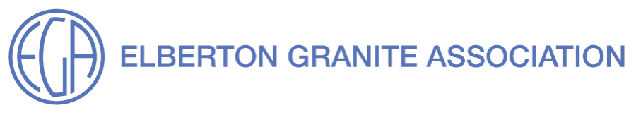 The logo for the elberton granite association is blue and white