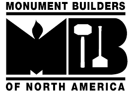 The monument builders of north america logo is black and white.