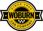 A yellow and black logo for woburn cab company