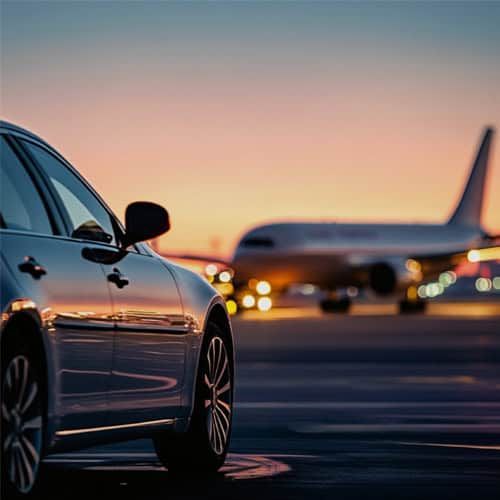 A car is parked on a runway with an airplane in the background.