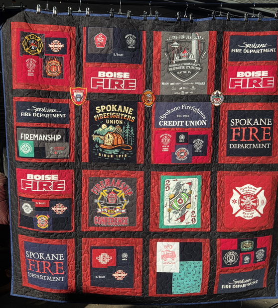 Firefighter career t-shirt quilt with Boise Fire and Spokane Fire patches - Brown Bear Quilting Services