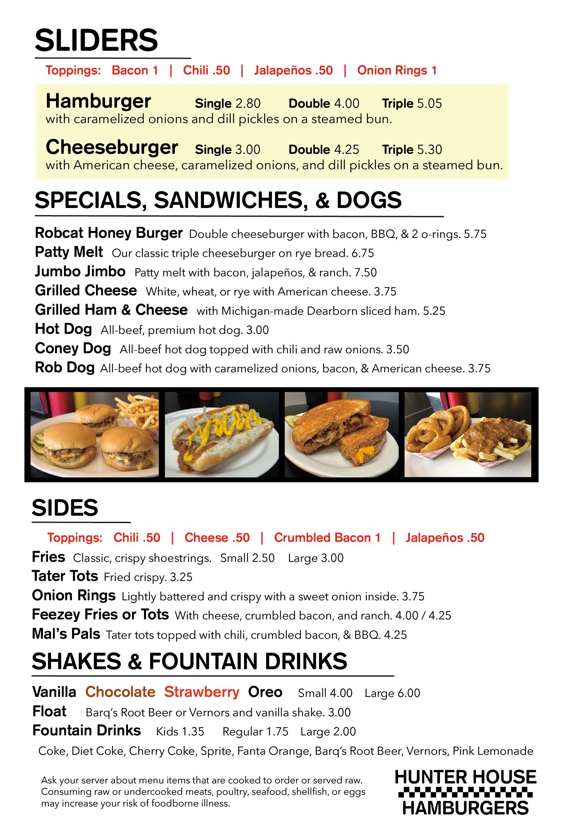 Hunter House Hamburgers Menu