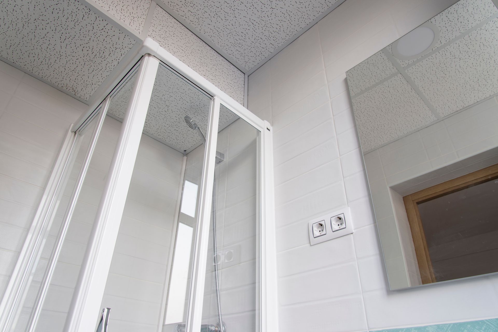A bathroom with a shower stall and a mirror.