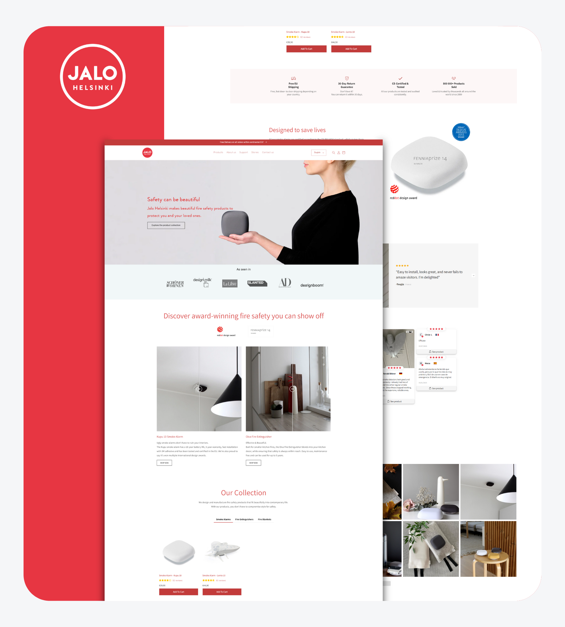 JALO website design mockup featuring a woman holding a device, with red and white branding.