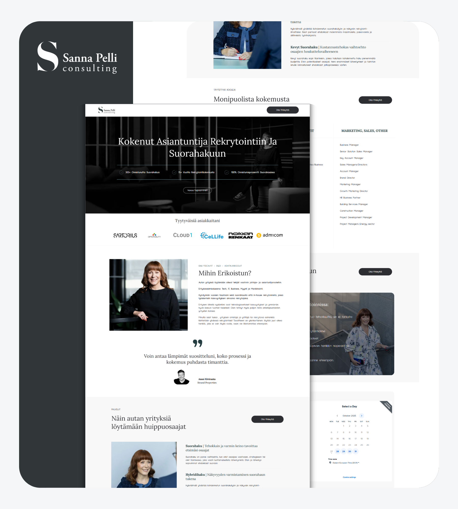 Website mockup: grayscale design for a consulting firm, featuring text, photos, and a calendar.