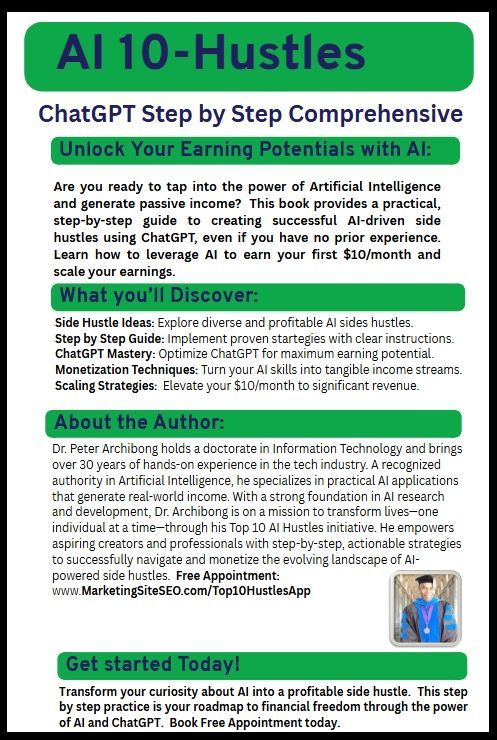 Promotional graphic for an AI Ai-Top-10-Hustles ebook. Green and white text details a guide for AI-powered side hustles, ChatGPT use, and author's info.