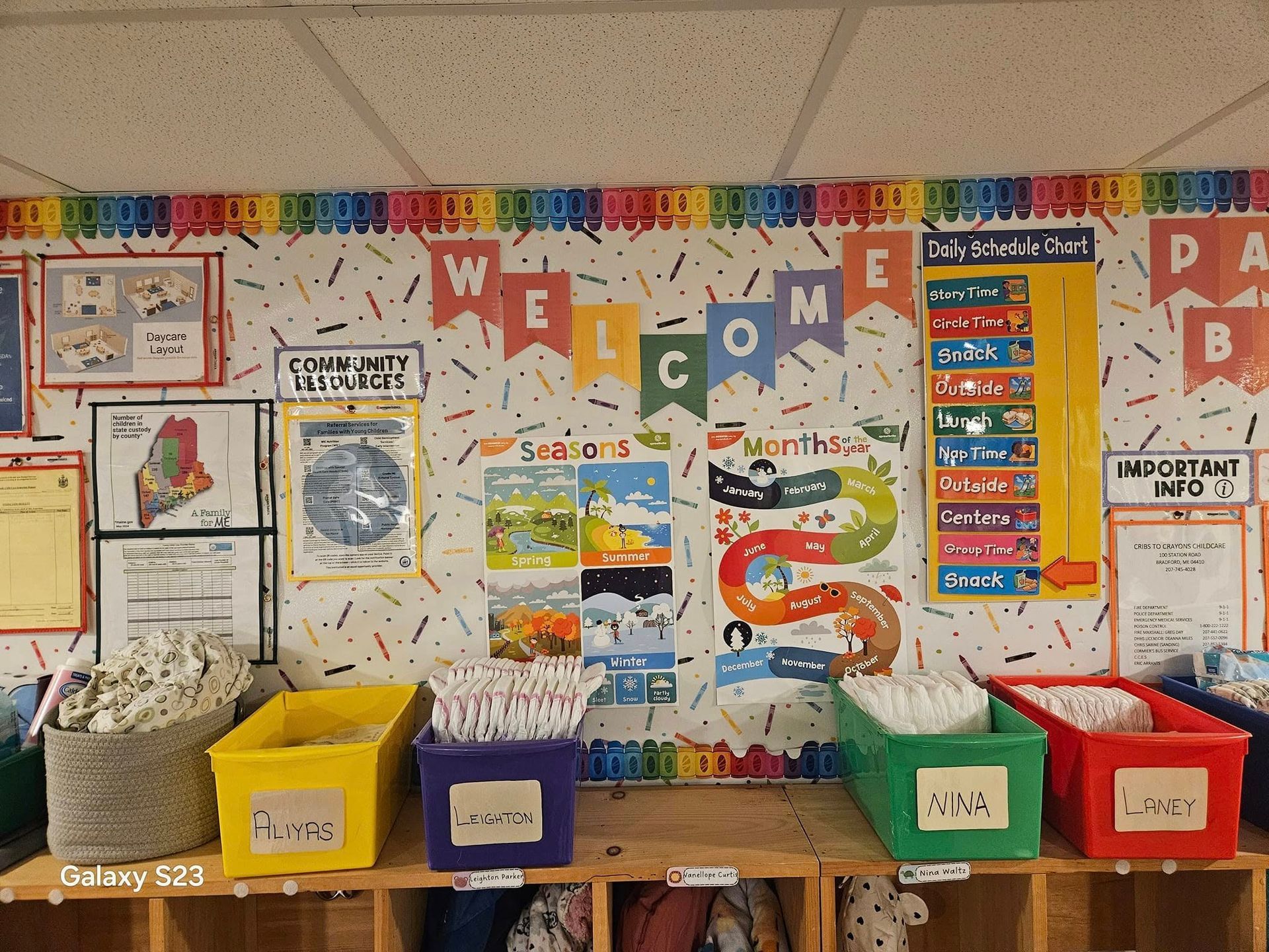 A classroom with a welcome banner on the wall