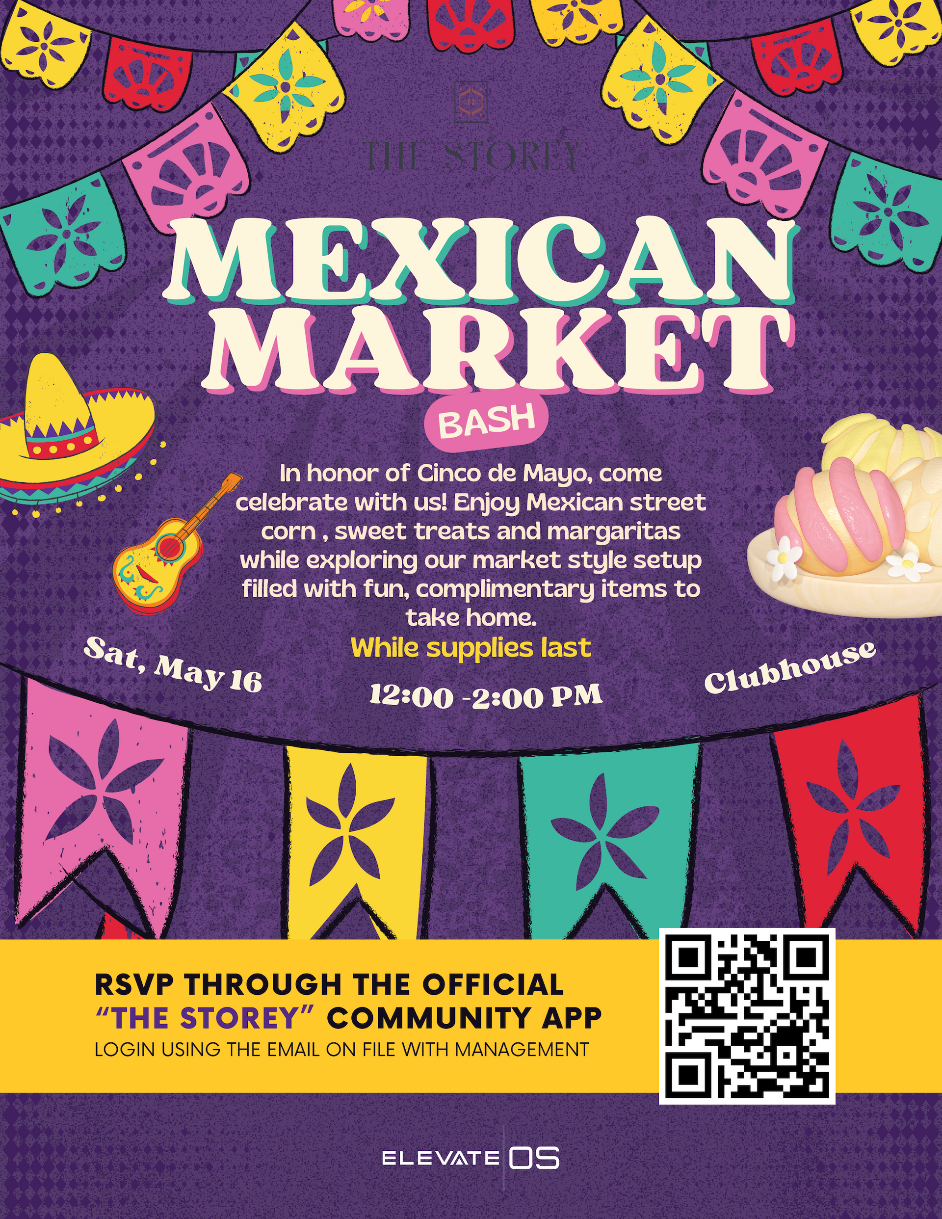 Mexican market event flyer with purple background, papel picado, and QR code, scheduled Saturday, May 16, 12-5 PM