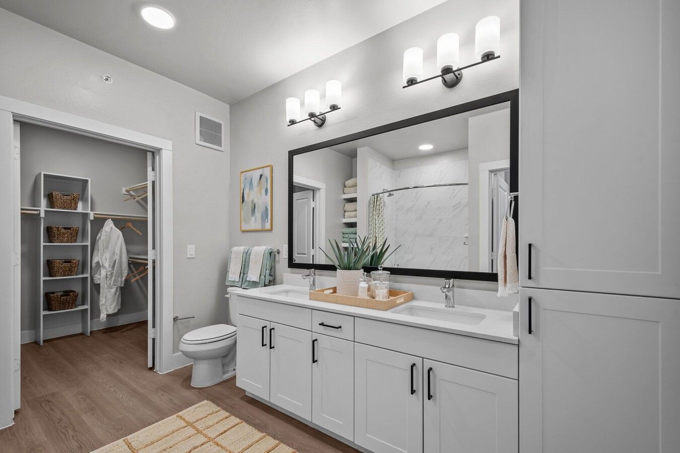A bathroom with a toilet , sink , mirror and walk in closet.
