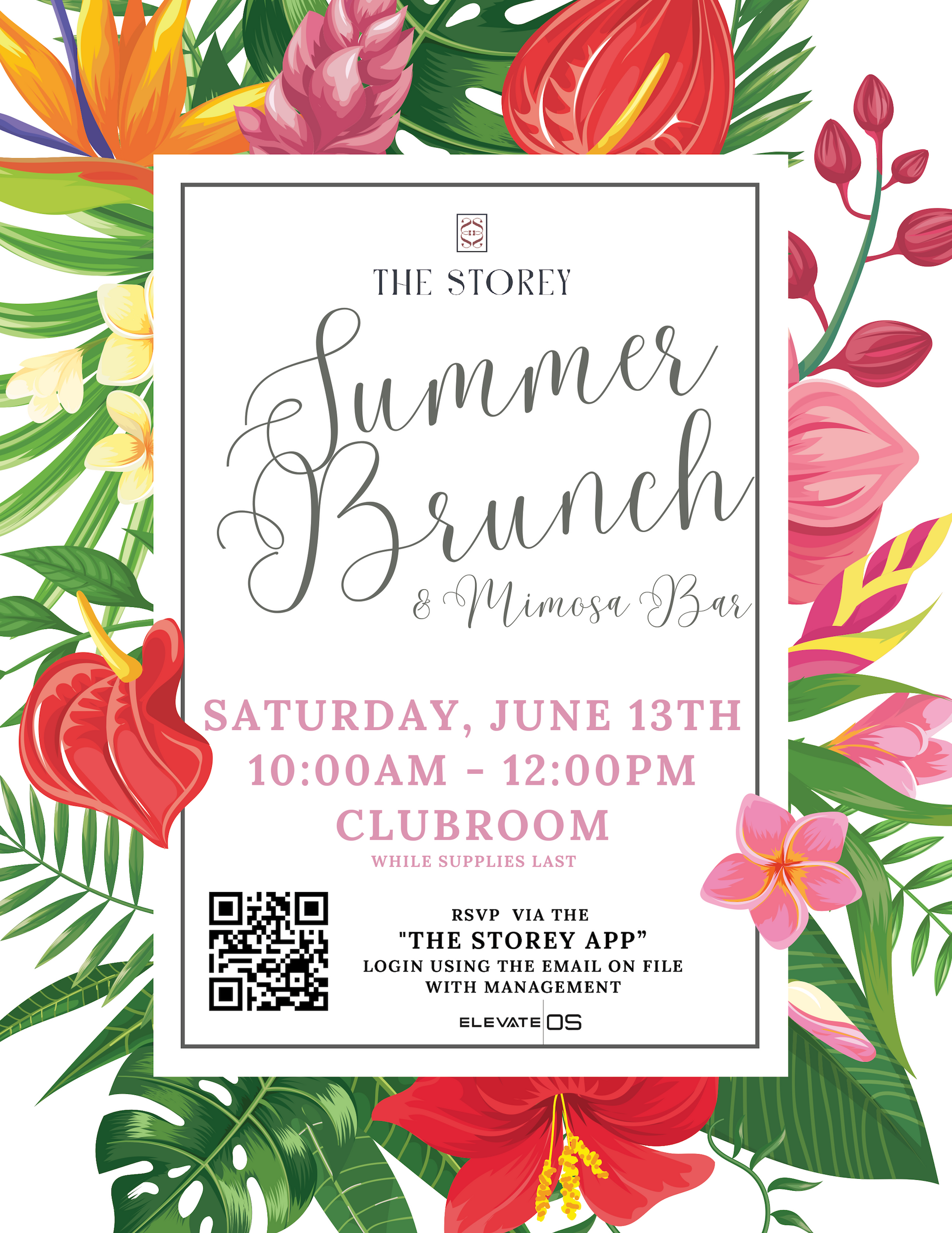 Colorful floral flyer for a Summer Brunch, Saturday June 13th, 10 AM–12 PM, at Clubroom, with QR code