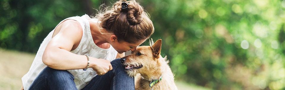 Woman cuddling her dog at a park | Desert Crest LLC