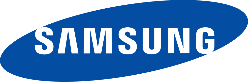 Samsung logo in white on a blue oval background.