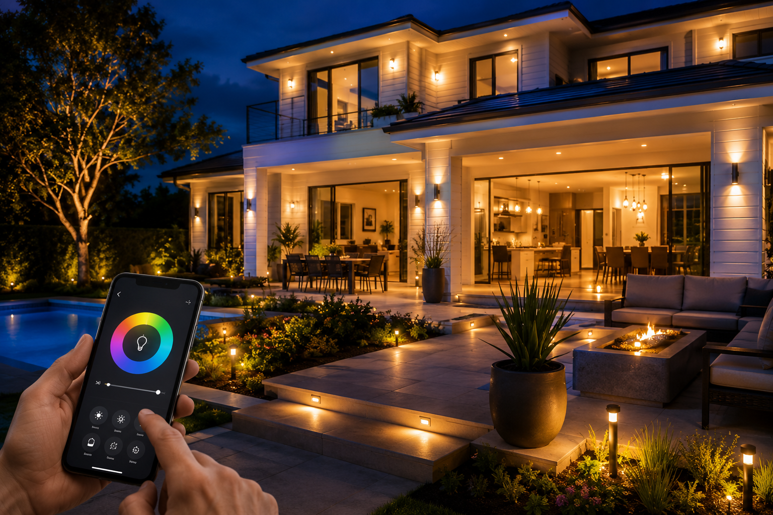 Hand holding a smart-home remote facing a lit luxury house at night