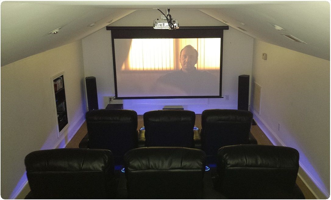Small home theater with black recliners facing a lit projector screen in a sloped-ceiling room.