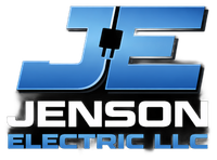 Blue and white Jenson Electric logo on black background with a stylized “JE” and plug icon.