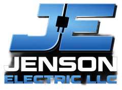 Blue and white Jenson Electric logo on black background with a stylized “JE” and plug icon.