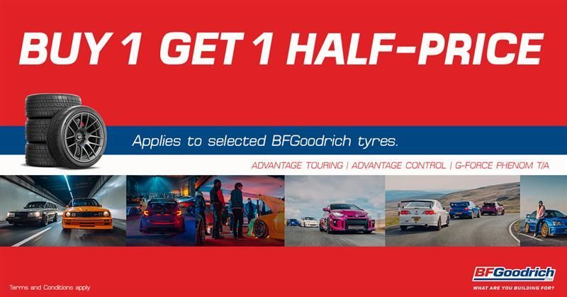 Red sale banner: “BUY 1 GET 1 HALF-PRICE” for BFGoodrich car tyres with assorted tire images