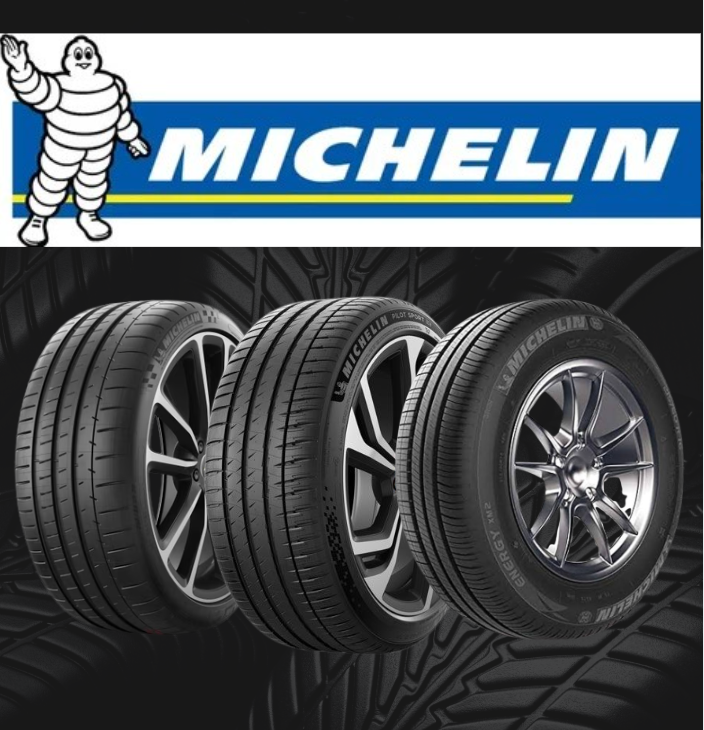 Close-up of a dark, textured car tire tread in the center, flanked by two other tires in a dark, moody background.