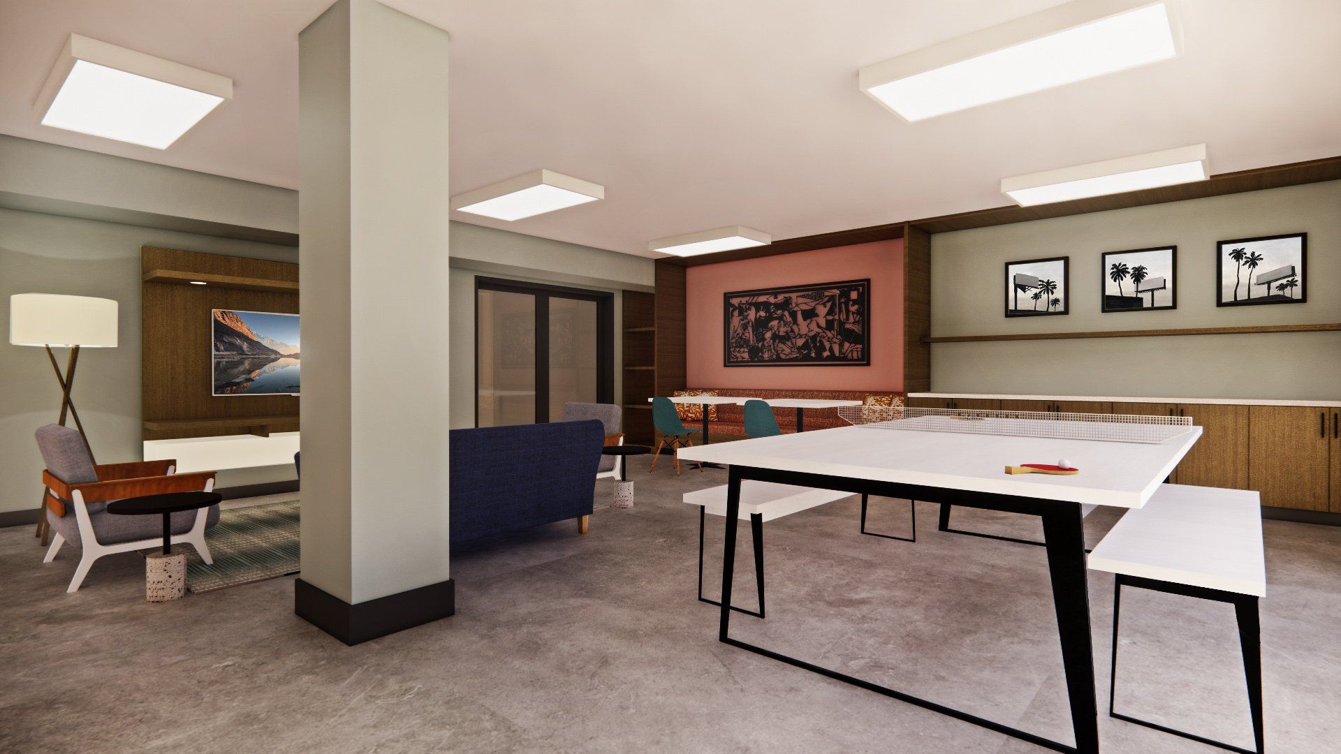 Clubroom with pint pong table, chairs, and seating areas